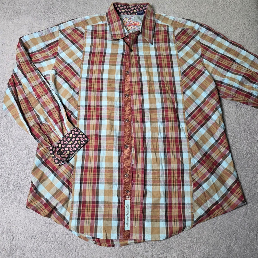 Robert Graham Mens 2XL Button Down Shirt Multi Plaid Paisley Silk Trim Cotton